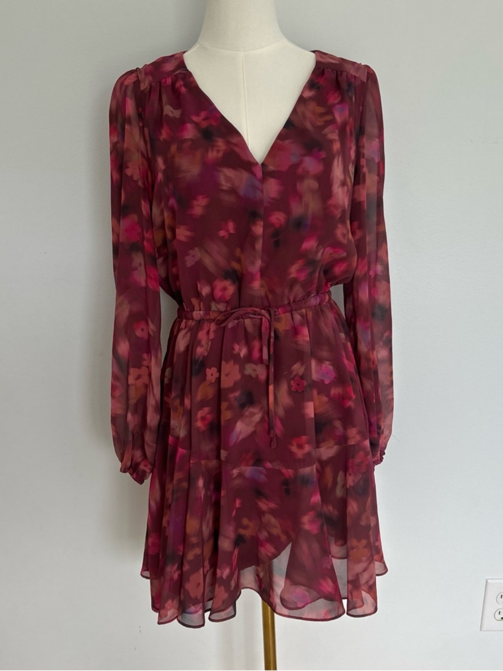 Steve Madden Burgundy Floral Tie-Waist Long Sleeve Dress